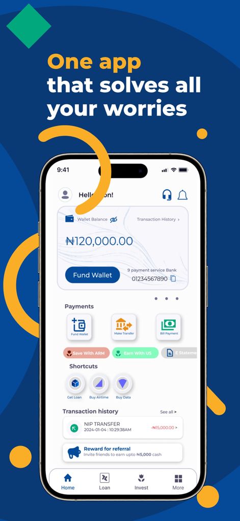 Trade Lenda mobile App Dashboard mit Wallet-Guthaben, Darlehen-Shortcuts und Geschäftszahlungsoptionen für KMU.