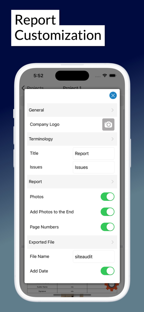 ロゴや写真のオプションを含む、プロフェッショナルなPDFレポートのさまざまな設定が表示されたサイト監査アプリのレポートカスタマイズ画面。