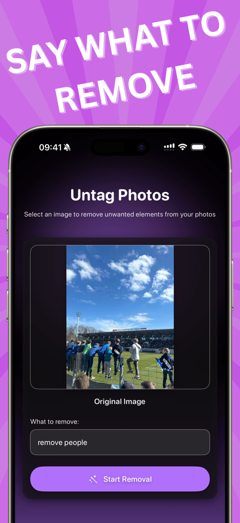 Object Remover - Untag AI - Untag AI app interface showing a text prompt to remove people from a stadium photo.