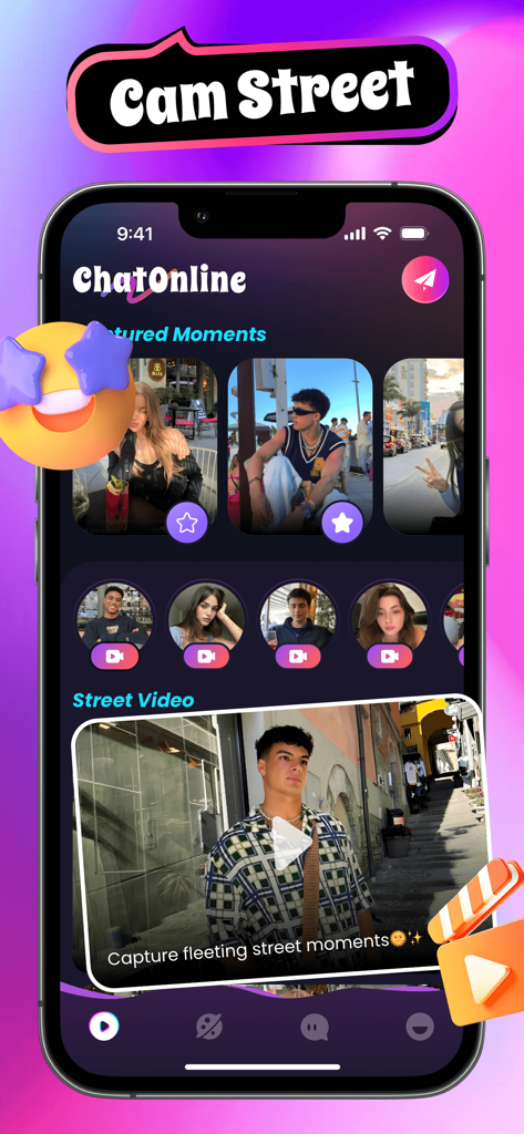 ChatOnline: Live Video Call - ChatOnlineアプリの画面で、注目のストリート写真の瞬間とライブビデオ通話のプロフィールが表示されています
