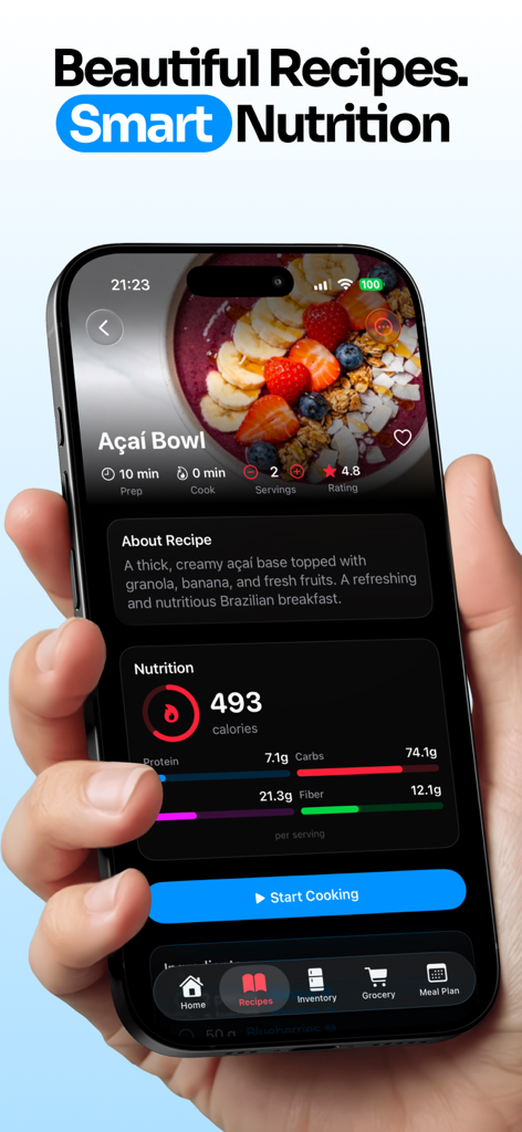 Pantalla de smartphone mostrando la aplicación Vule con una receta de Acai Bowl con información nutricional detallada y seguimiento de macronutrientes.
