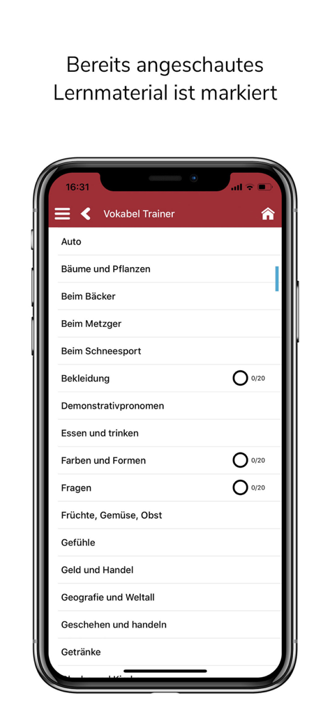 Uma lista de categorias de vocabulário no aplicativo Vokabeltrainer Sursilvan mostrando rastreamento de progresso e vários tópicos como vida cotidiana e viagens.
