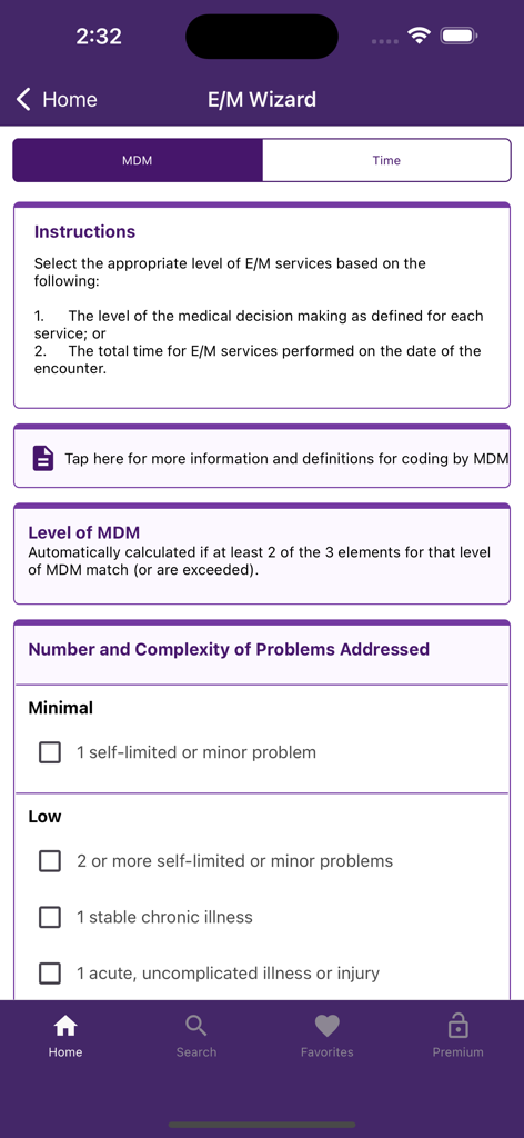 CPT QuickRef - CPT QuickRefモバイルアプリの評価および管理ウィザードインターフェース。