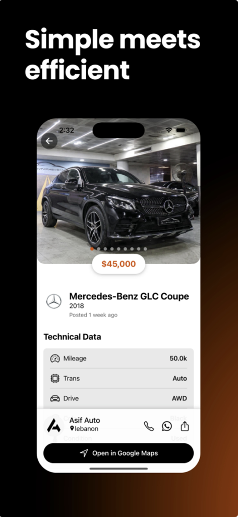 Fleet - Your Auto Marketplace - Une capture d'écran de l'application Fleet montrant une annonce de voiture pour un coupé Mercedes Benz GLC 2018 avec les spécifications techniques et les informations de contact du concessionnaire.