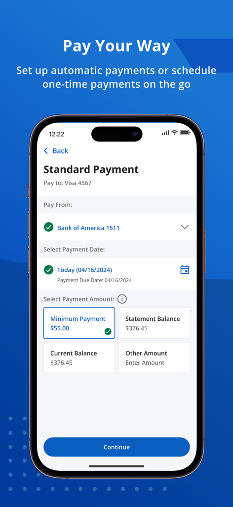 Credit One Bank Mobile - 支払い金額と日付を選択するオプションがあるCredit One Bank Mobileアプリの支払いインターフェースを表示しているiPhoneの画面