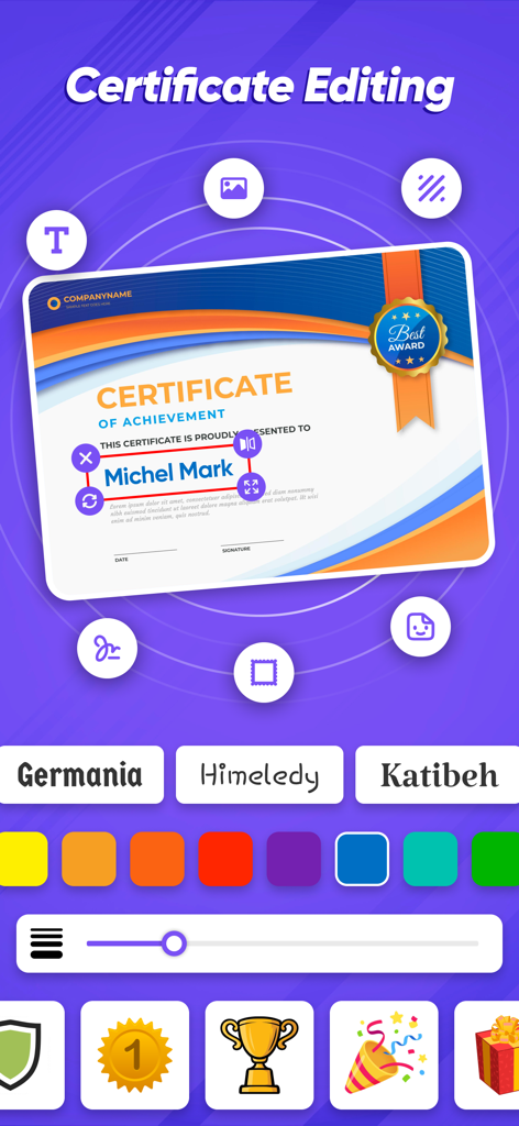 Certificate Maker :Party Card - Mobile app interface for editing a professional certificate of achievement with font and color selection tools