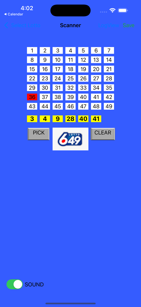 LottoPicker 앱 인터페이스로 로또 6/49에 대한 번호 그리드와 선택된 복권 선택을 보여줍니다.