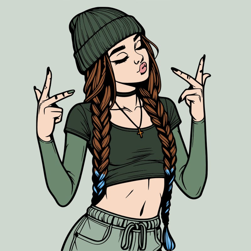 realistic teenage girl with braids and a beanie and crop top doing 🫶🏼