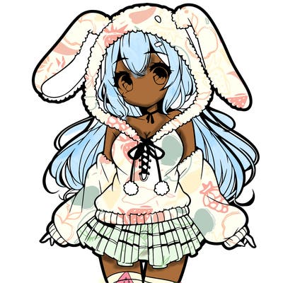 pretty anime girl wearing a fluffy hoodie with bunny ears on the hood and a skirt