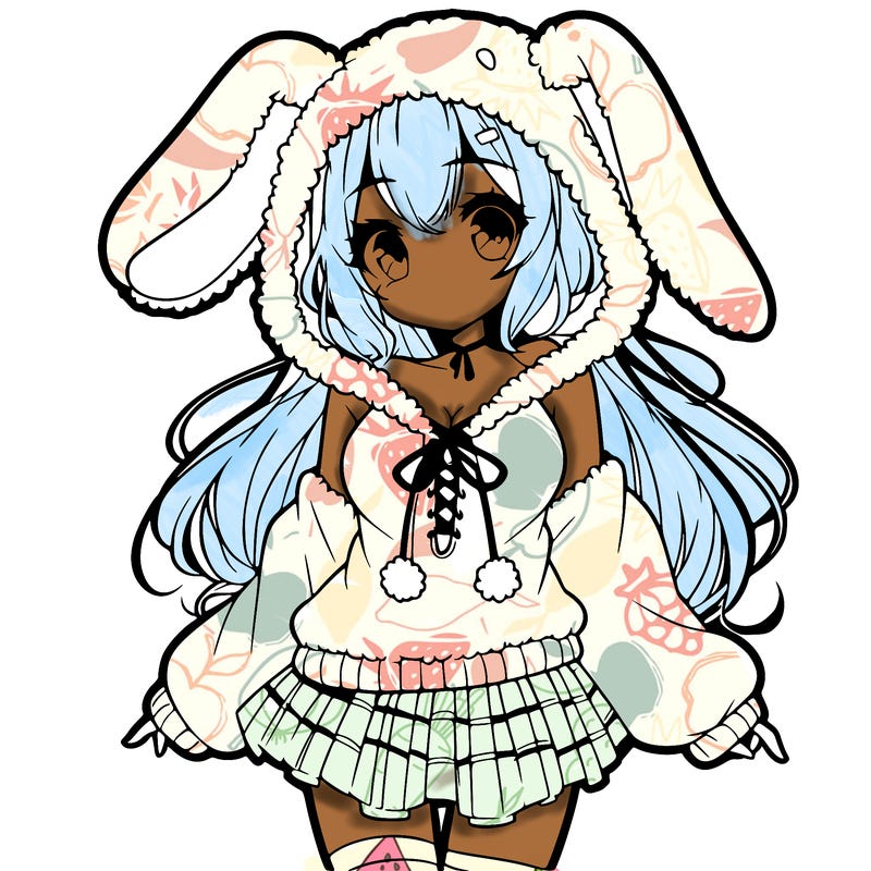 pretty anime girl wearing a fluffy hoodie with bunny ears on the hood and a skirt