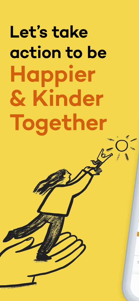 Action for Happiness app screen saying Let's take action to be Happier and Kinder Together