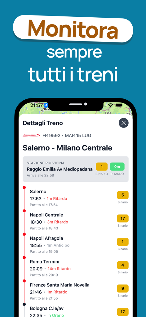Interfaccia dell'app mobile che mostra lo stato dei treni italiani in tempo reale e le fermate da Salerno a Milano con informazioni su ritardi e binari.