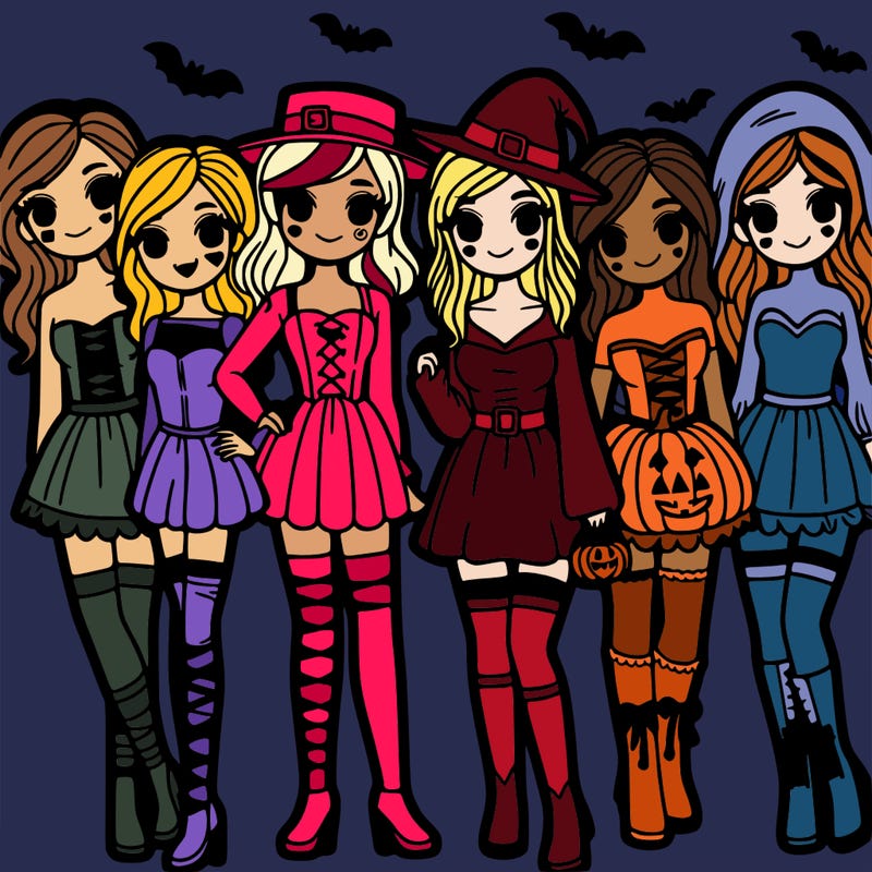 group of girl friends dressed in halloween costumes