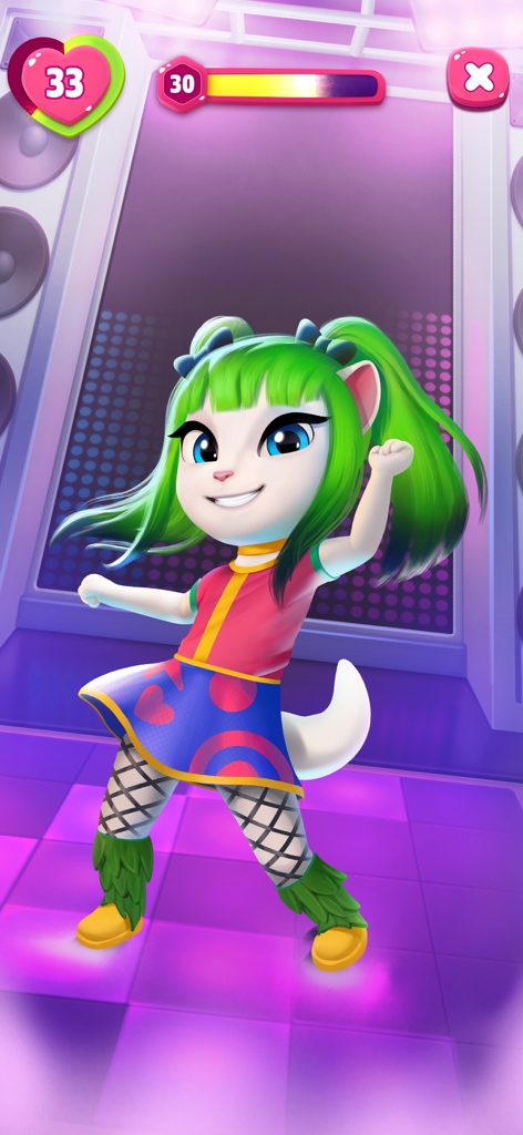 Talking Angela dancing on a colorful stage wearing a stylish outfit