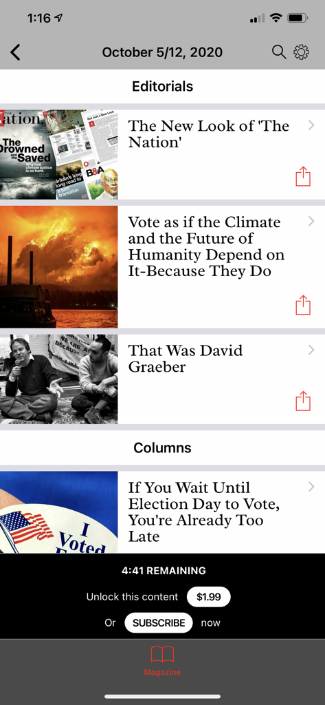 L'interface de l'application Nation Magazine affiche une liste d'articles éditoriaux et de chroniques avec une invitation à s'abonner en bas.