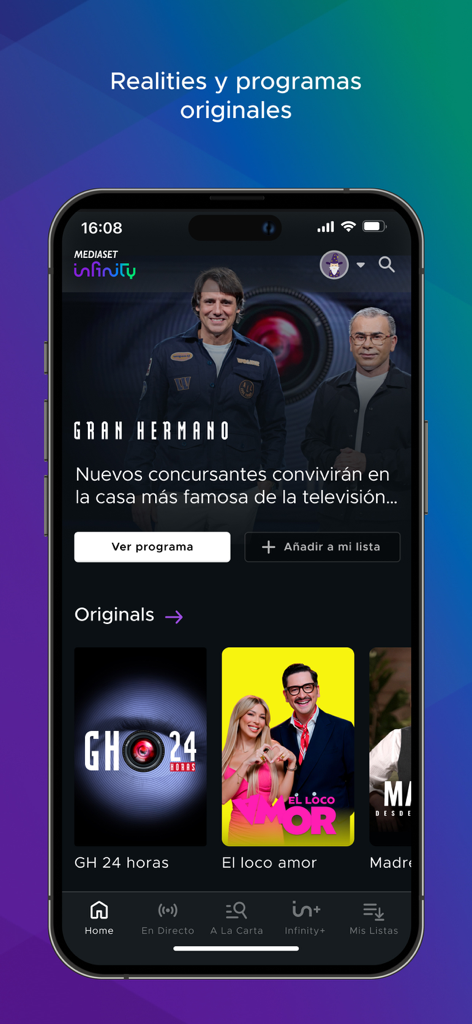 Mediaset Infinity España - Interface da aplicação Mediaset Infinity exibindo Gran Hermano e programas de reality shows espanhóis originais.