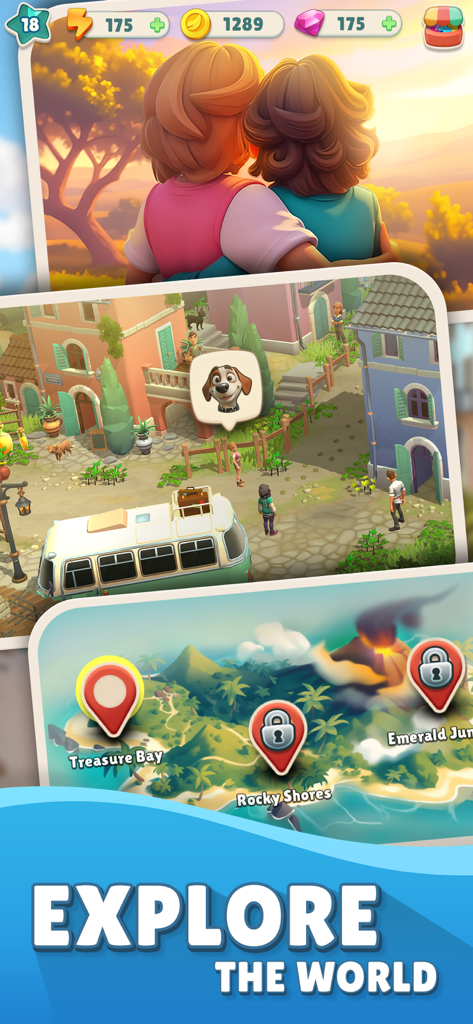 Cozy Coast: Merge Adventure - Cozy Coast game screenshot showing Mia and Elara overlooking a sunset and an island exploration map.