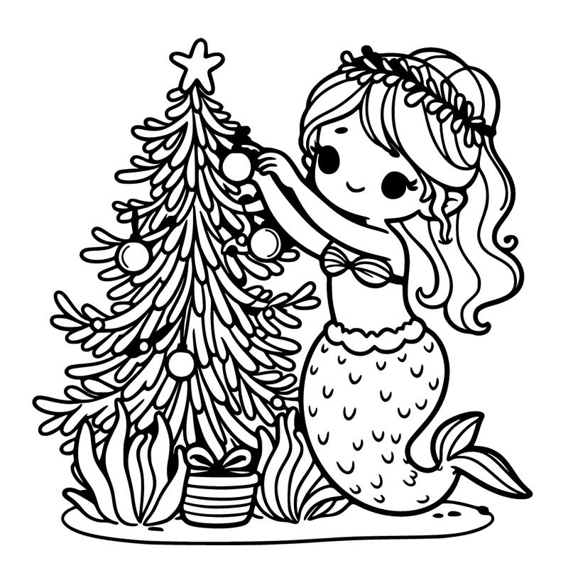 a mermaid decorating a seaweed christmas tree