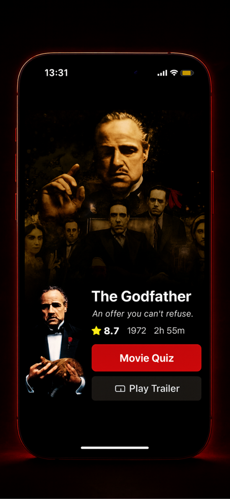 Tela do aplicativo PobreFlix mostrando detalhes do filme 'O Poderoso Chefão' com opções de trailer e quiz