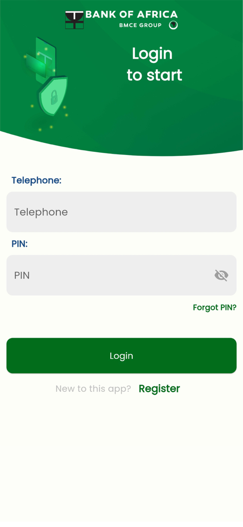 MyBOA - RWANDA - Pantalla de inicio de sesión de la aplicación bancaria móvil MyBOA Ruanda con campos para número de teléfono y contraseña.