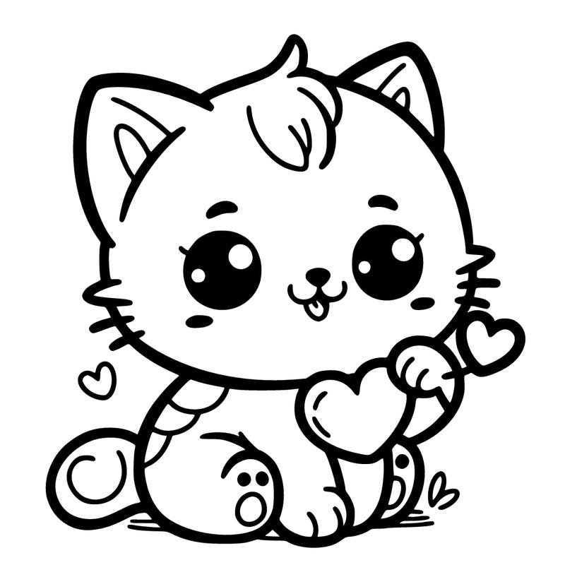 a cute baby kitten with a little heart in her mouth.