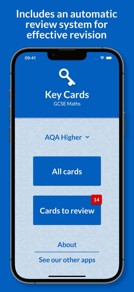 Key Cards GCSE Mathsアプリのメインメニューに、すべてのフラッシュカードとレビューするカードのオプションが表示されています
