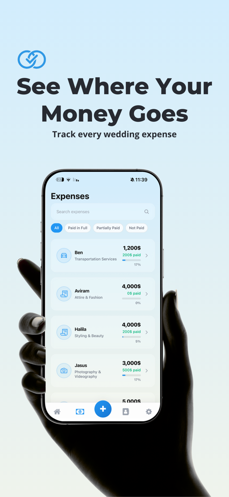 Mobile app interface showing a list of wedding expenses with vendor names and payment progress bars.