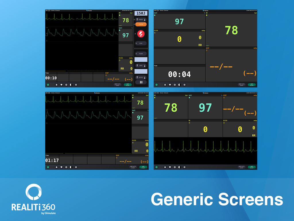 Four generic patient monitor screens in the REALITi simulation app showing vital signs and ECG waveforms