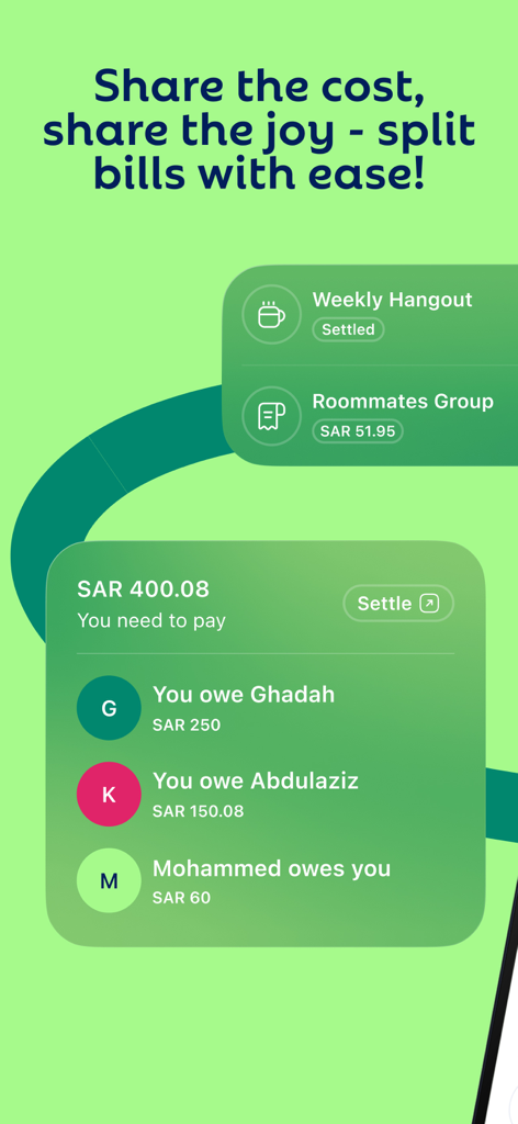 Interface of the iz banking app showing the bill splitting feature with shared costs for groups like roommates.
