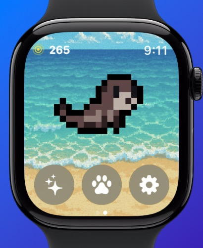 Pixel Paws - Virtual Pet Toy - Pet de lontra em arte pixel 8 bits Pixel Paws em um Apple Watch com fundo de praia