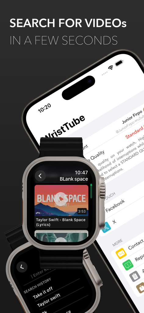 An Apple Watch and iPhone displaying the WristTube app interface for searching and watching YouTube videos.