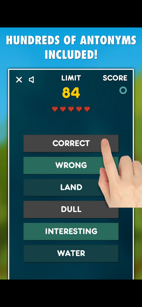 Antonyms PRO - Screenshot of Antonyms PRO game interface showing word matching options and scores