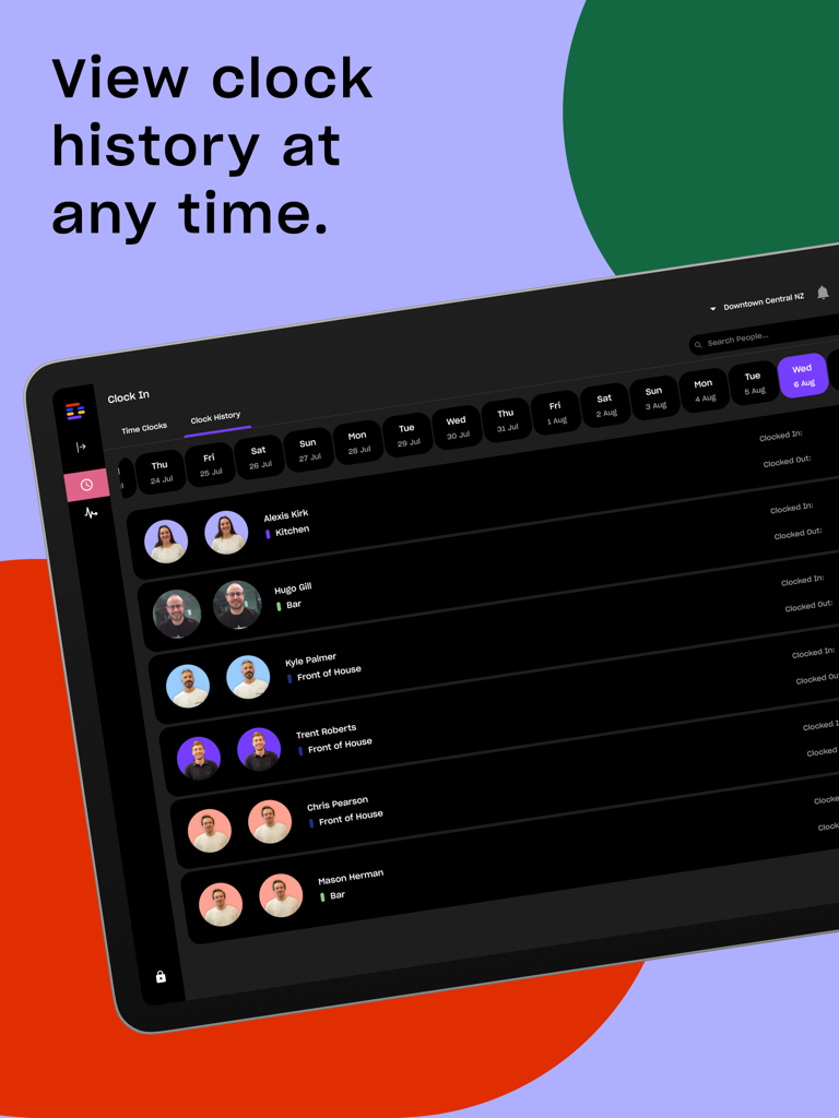 Vista dei registri di timbratura dei dipendenti e delle presenze del personale sull'interfaccia iPad di Droppah Time Clock