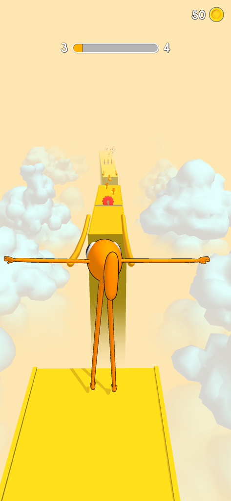 Steve Le Poisson - An orange fish with long arms and legs balancing on a high yellow path with clouds in the background