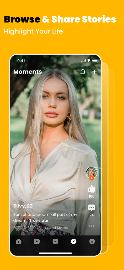 Yolo: Video Chat, Live Stream - Screenshot of the Yolo app Moments feed where users can browse and share life stories and highlights