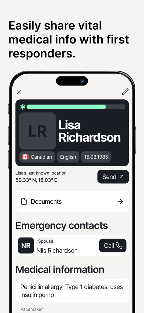 Interfaccia dell'app Twiceme che visualizza informazioni mediche vitali e contatti di emergenza per i primi soccorritori