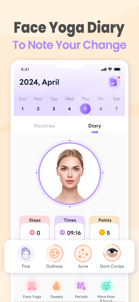FaceYogi app facial diary screen for tracking skin progress and daily health habits.