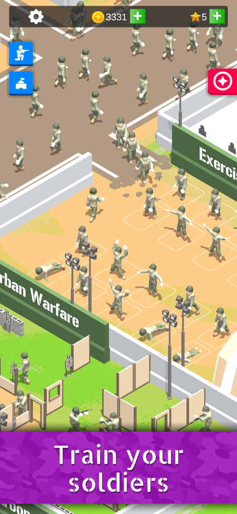 Soldiers training in different zones of an army base in a tycoon simulation game
