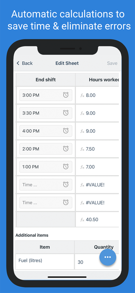 Dashpivot - Dashpivot app mobile interface showing automated shift hour calculations and additional site resource tracking like fuel quantities.