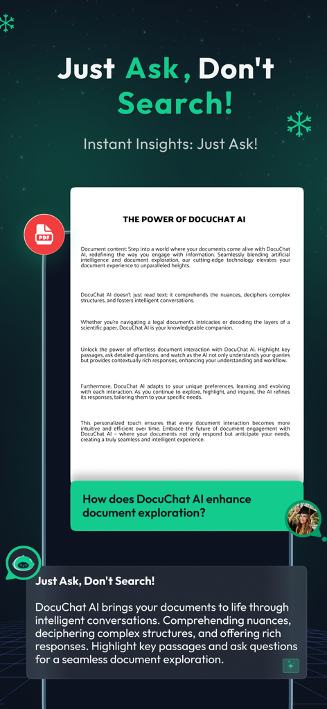 DocuChat AIアプリのインターフェース。PDFドキュメントに質問を投げかけます。