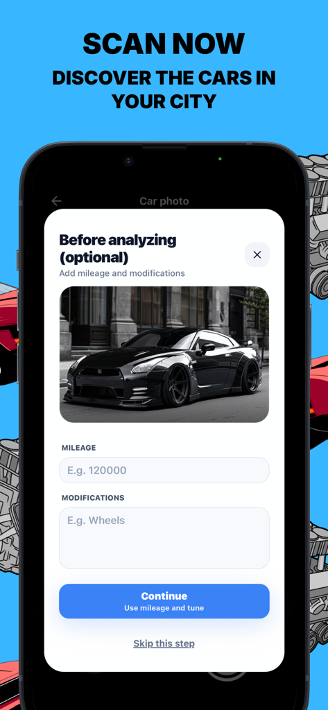 CarSnapIA : Car Scan - CarSnapIA app screen to add mileage and modifications for car analysis
