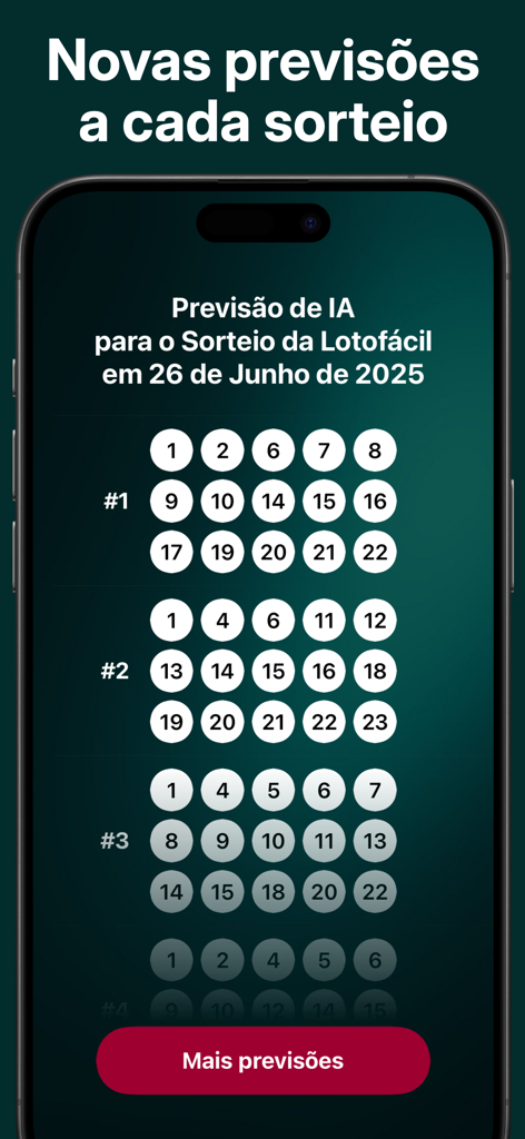 Lotofácil IA Palpites e Dicas - Interface do aplicativo Lotofácil IA mostrando previsões de números geradas por inteligência artificial para sorteios