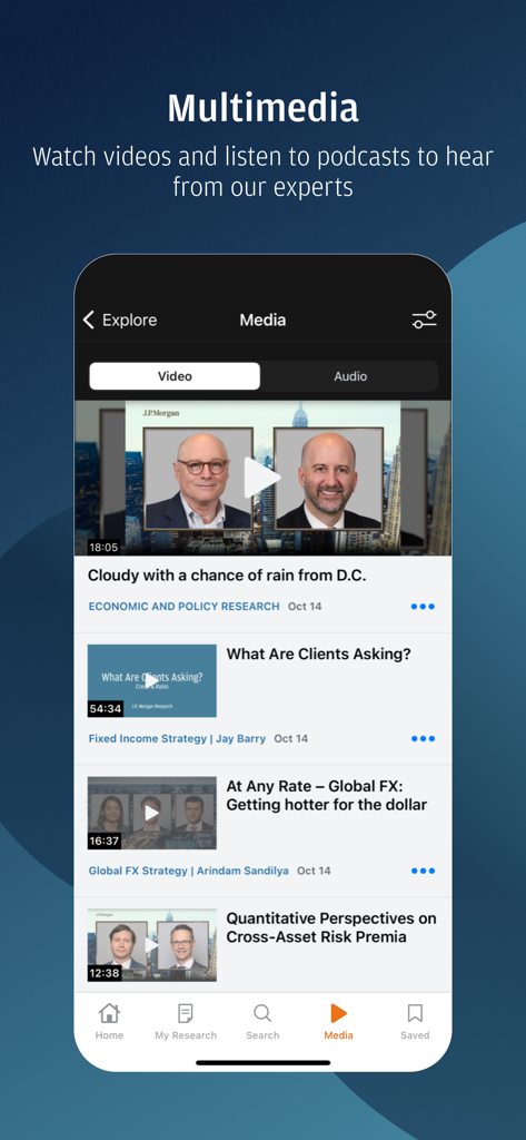 Multimedia section of J.P. Morgan Markets app featuring expert research videos and podcasts