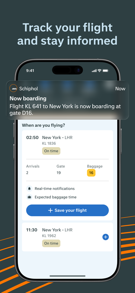 Schiphol Amsterdam Airport - スキポールアプリのインターフェース。ニューヨーク便のフライト追跡ステータスと搭乗通知を表示。