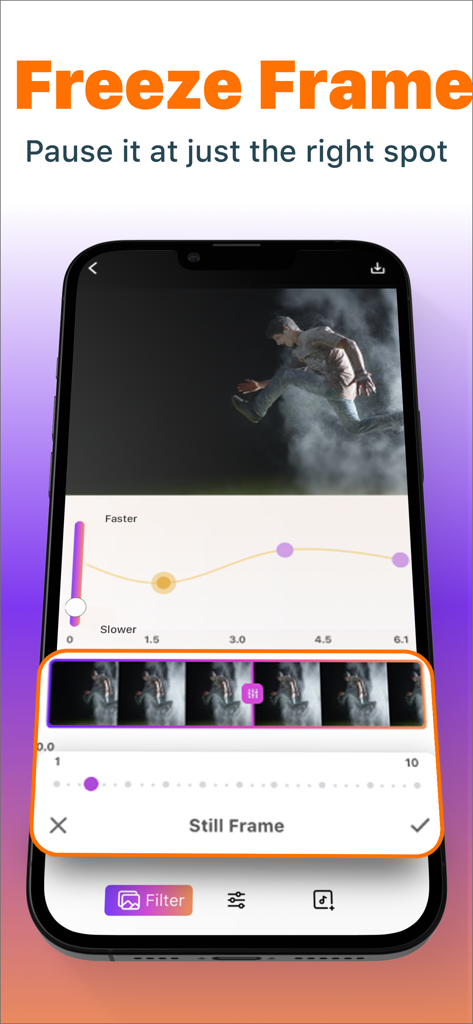SloMo Slow Motion Video Editor - SloMo video editor app interface showing the freeze frame feature and speed curve tool.