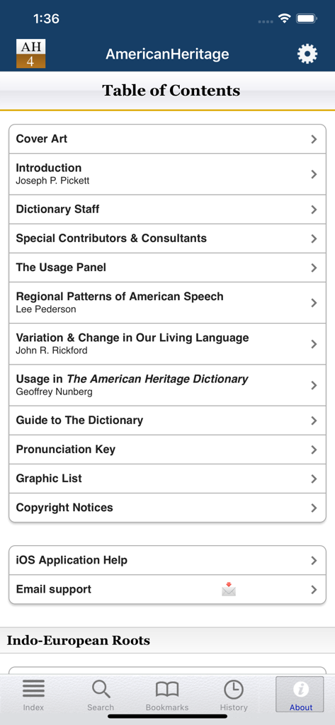American Heritage® Dictionary - American Heritage Dictionary app table of contents screen