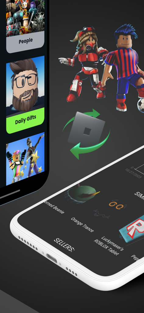 Pantalla de la aplicación Robux Trade para Roblox que muestra artículos del catálogo y funciones de comercio