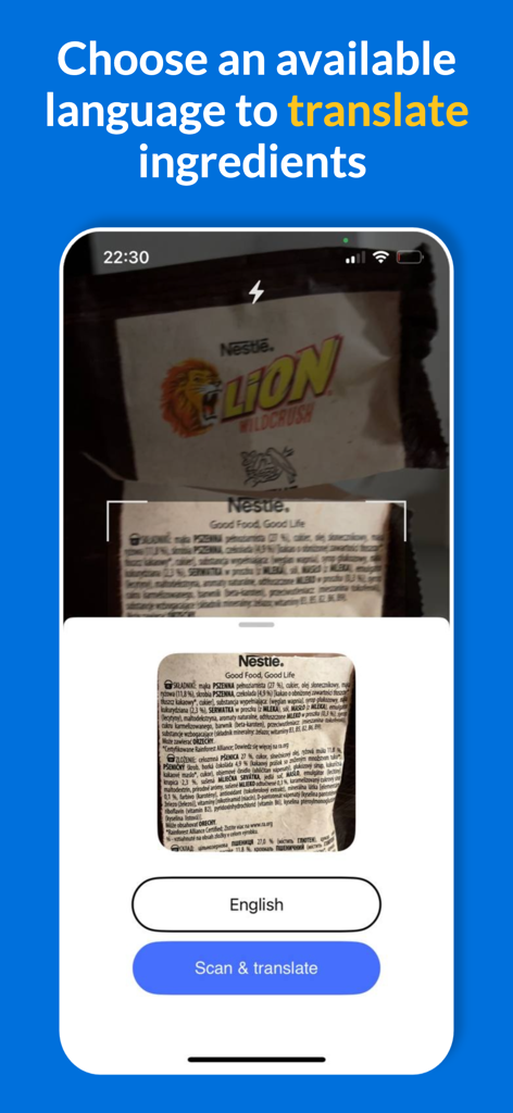 Mobile app interface for scanning food packaging labels and translating ingredients into English