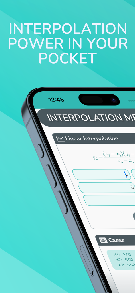 Mobile Benutzeroberfläche der Interpolationsmethoden-App, die lineare Interpolationsformeln und Berechnungsfelder anzeigt
