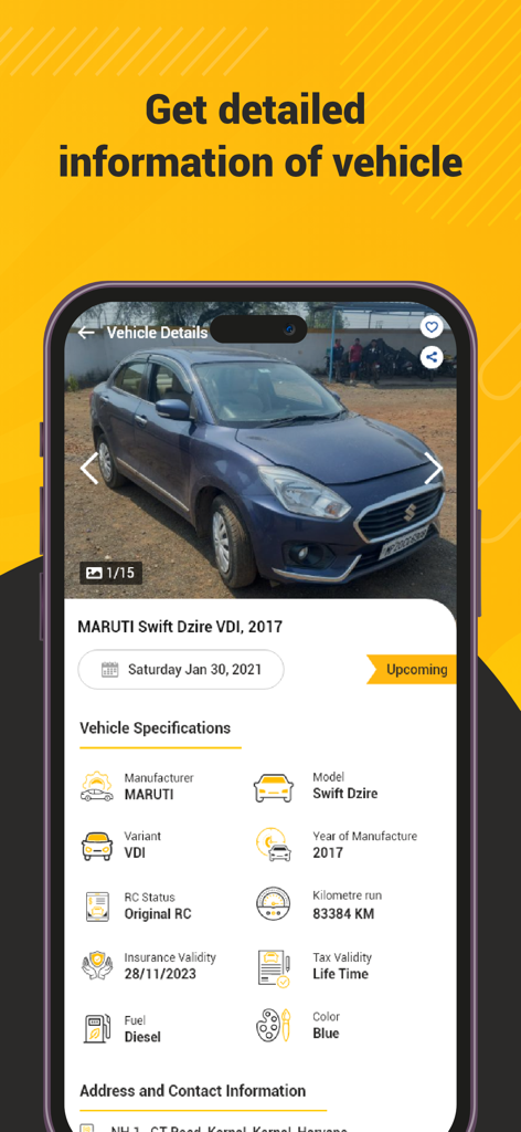 MySAMIL - Mobile app screen displaying detailed vehicle specifications and photos for professional buyers.